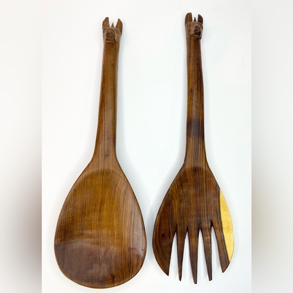 Vintage Teak Wood Salad Serving Spoon Fork African Carved Lama Wooden Animal Art - Picture 5 of 7